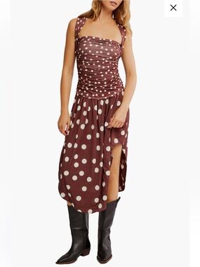 Free People Raylon Chocolate Polka Dot Midi Dress Size S Boho Beach